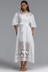 Delilah Resort Flowy Puff Sleeve Rhinestone Cut Out White Woven Maxi Dress
