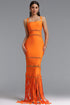 Shanley Chic Contour Sleeveless Beaded Fringe Orange Bandage Maxi Dress