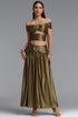 Elaina Sexy Contour Metallic Decor Off Shoulder Top Draped Ruched Midi Skirt Two Piece Set