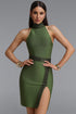 Dixi Classic Contour High Neck Color?Block Slit Bandage Mini Dress