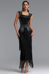 Hatice Square Neck Rhinestone Fringe Black Bandage Maxi Dress