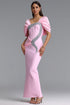 Edda Elegant Contour One Shoulder Ruched Rhinestone Bandage Maxi Dress