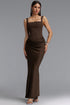 Winey Elegant Cinching Waist Square Neck Thin Strap Boned Fitted Draped Ruched Satin Mermaid Brown Maxi Dress