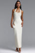Waza Elegant Halter Square Neck Pearl Rhinestone Bandage Maxi Dress