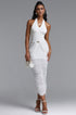 Mavis Classic Halter V Neck Metal Buckle Ruched Maxi Dress
