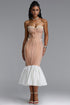 Falisa Vintage Strapless Heavy Ornate Pearl Pleated Midi Bandage Mermaid Dress