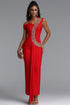 Nevaeh Elegant Contour Rhinestone Draped Ruched Bandage Red Maxi Dress