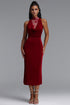 Veren Elegant Contour Halter Cowl Neck Lace Shimmer Jersey Maxi Dress