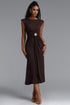 Hzere Elegant Contour Sleeveless Pleated Metal Decor Lace Brown Maxi Dress