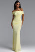Slaia Minimalist Off Shoulder Diagonal Ruched Knit Yellow Maxi Dress