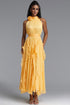Uano Elegant Halter Rosette Tie Waist Ruffled Yellow Maxi Dress