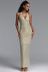 Keeli Fitted Halter V Neck Rhinestone Bodycon Maxi Dress