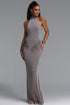 Zakana Minimalist Glam Halter High Neck Beaded Ruched Mermaid Maxi Dress