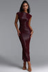 Denali Chic Contour Glitter Pleated Metal Decor Burgundy Maxi Dress