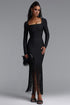Erina Vintage Square Neck Long Sleeve Tassel Bandage Black Maxi Dress