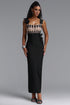 Eudase Spaghetti Strap Mesh Pearl Floral Bandage Black Maxi Dress