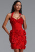 Delilah Sophisticated Cinched Waist Halter Floral Ball Trim Bandage Mini Dress