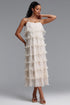 Uerzay Elegant Contour Rhinestone Spaghetti Strap Tiered Ruffle Pearl Woven Maxi Dress