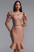 Fala Elegant Contour Square Neck Puff Sleeve Rhinestone Top Mermaid Skirt Bandage Two Piece Set