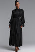 Ikira Resort Flowy Long Sleeve Pleated Floral Satin Black Maxi Dress