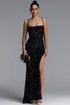 Lolic Sexy Spaghetti Strap Square Neck Sequin Slit Maxi Dress