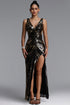 Nanci Classic Sleeveless V Neck Sequin Slit Maxi Dress