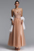 Naida Elegant Strapless Corset Floral Glitter Tulle Beige Maxi Dress