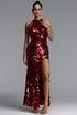 Tini Luxury Halter Beaded Fringe Slit Sequin Red Maxi Dress