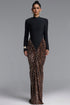 Classic High Neck Long Sleeve Color Block Draped Bandage Maxi Dress