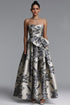 Sabina Classic Strapless Bow Floral Print Satin Maxi Dress
