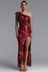 Rami Elegant Waist-Cinching One Shoulder Ruffle Beaded Chain Sequin High Slit Red Mermaid Maxi Dress