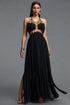 Fallon Sophisticated Cinched Waist Backless Halter Ring Metal Embellished Woven Maxi Dress
