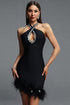Elay Halter Sleeveless Cut Out Rhinestone Feather Bandage Midi Dress