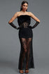 Waza Sophisticated Cinched Waist Bandeau Sheer Lace Furry Maxi Dress