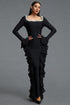 Mavis Elegant Luxurious Square Neck Long Sleeve Rhinestone Embellished Ruffle Bandage Maxi Dress
