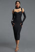Roie Sophisticated Sequin Spaghetti Strap Sheer Long Sleeve Bandage Midi Dress