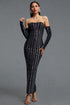 Gilda Glamorous Contour Strapless Long Sleeve Rhinestone Embellished Stripe Bandage Maxi Dress