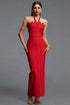 Kalene Glamorous Halter Scallop Edge Red Bead Bandage Maxi Dress