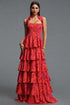 Oga Elegant Cinched Waist Halter Layered Printed Woven Maxi Dress