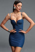 Liaka Sophisticated Cinched Waist V Neck Shiny Bandage Mini Dress