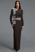 Jayden Fitted Long Sleeve Rhinestone Floral Brown Bandage Maxi Dress