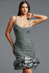 Francina Exquisite Contour Cami Strap Rhinestone Ruffle Bandage Grey Mini Dress