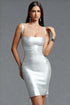 Hatice Stylish Fitted Spaghetti Strap Cut Out Tie Silver Bandage Mini Dress