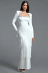 Holisa Fitted Square Neck Long Sleeve Floral Rhinestone Multi Layer Tassel Bandage Maxi Dress