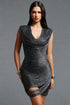 Jouy Modern V Neck Padded Shoulder Fringe Bandage Mini Dress