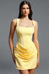Gloria Chic Contour Square Neck Pleated Satin Yellow Mini Dress