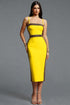 Lestie Minimalist Contour Straight Neck Gold Woven Bandage Yellow Midi Dress
