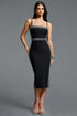 Lestie Minimalist Contour Straight Neck Silver Trim Woven Bandage Midi Dress