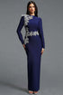 Jayden Fitted Long Sleeve Rhinestone Floral Blue Bandage Maxi Dress