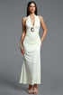 Sandy Vacation Halter V Neck Backless Metal Buckle Ruched Maxi Dress